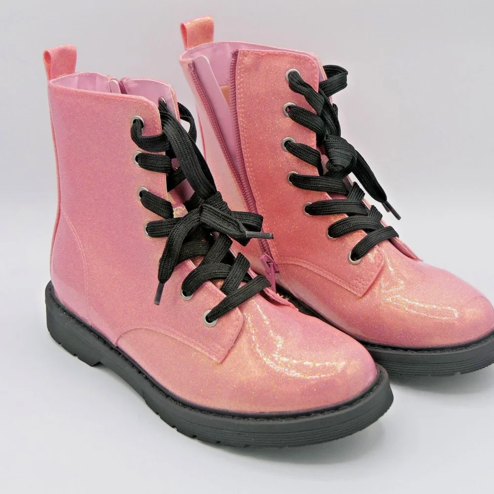 Thereabouts Girls Boots 3 Reese Flat Heel Combat Pink Sparkles Barbie Festival